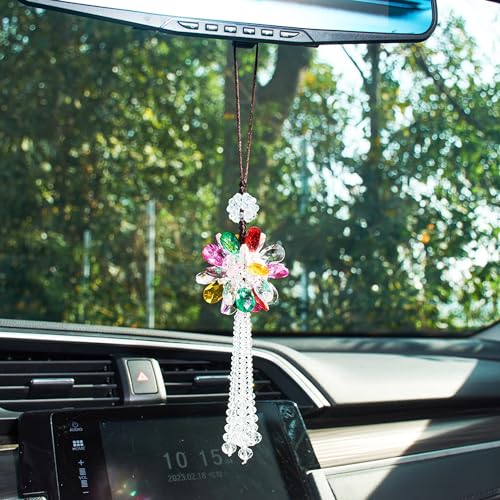 Image of Crystal Flower Ball Car Pendant Lucky Car Mirror Hanging Ornament Crystal Suncatcher Hanging Charm Auto Interior Decoration, Colorful