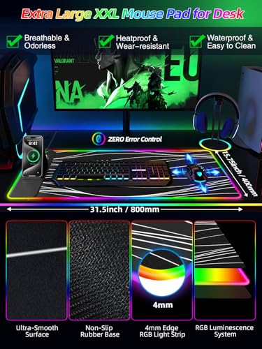 Image of Mouse Pad with Foldable Phone Holder & Wireless Charger, XXL RGB Gaming Mousepad 31.5 inchx15.8 inch Large Desk Mat for Keyboard, Black Desk Pad with Dual Qi Charging Station | 11 Colors 5 Modes