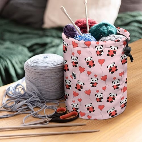 Image of Sellikakes Heart and Panda Yarn Bag Knitting Crochet Tote Bag Valentine's Day Yarn Organizer for Crocheting Project, Store Skein Ball,Short Knitting Needles