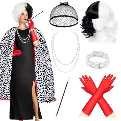 UxClishe Ensemble d'accessoires de costume Cruella 7 pièces avec cape et gants et perruque pour la journée mondiale du livre