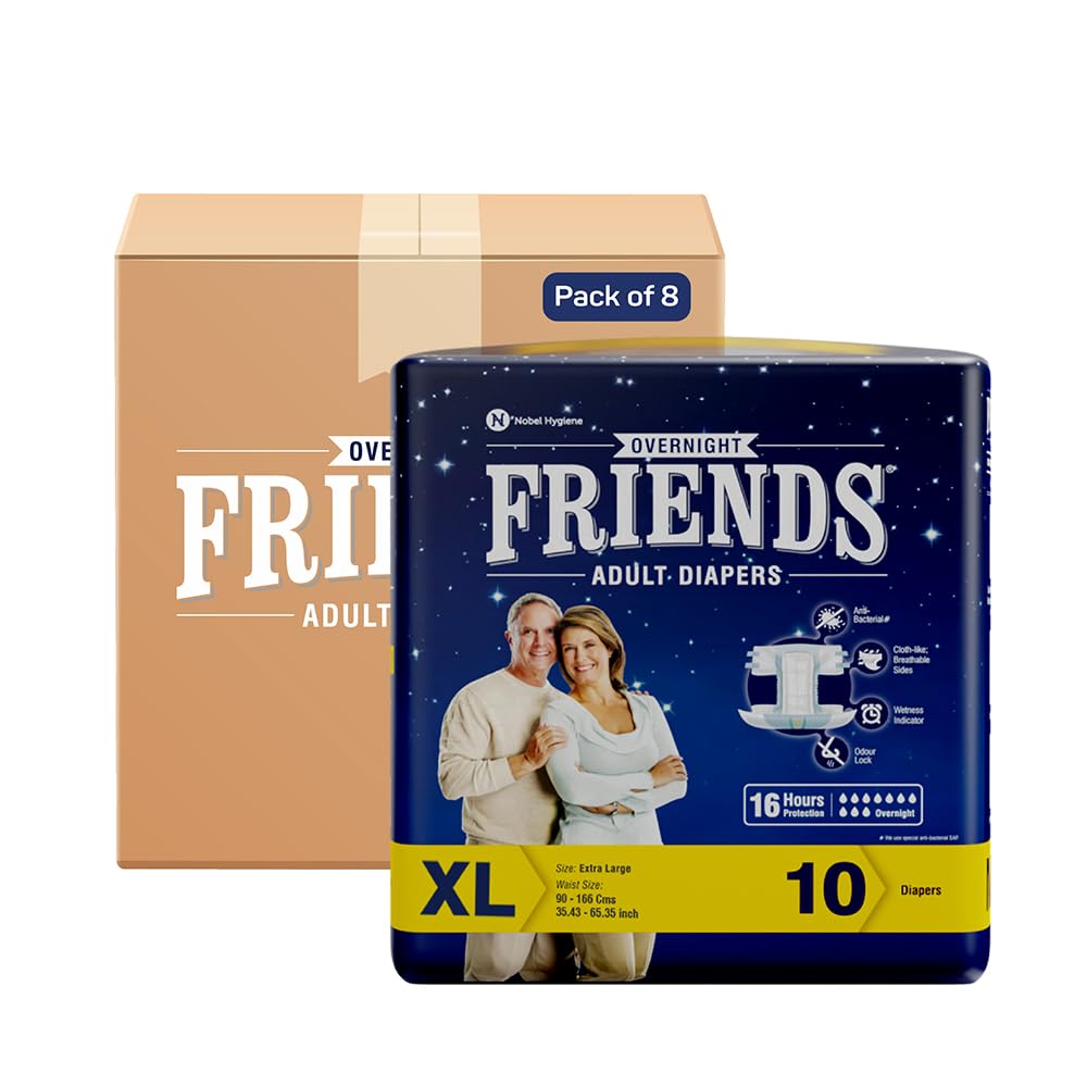 Friends Overnight Adult Diaper XL Size Tape | 80 Count (Extra Large) | Waist 35.43 – 65.35 inch |16 Hrs Protection | Leakproof | Quick & Even Absorption | Unisex | Wetness Indicator| Odour lock | Aloe Vera & Anti-Bacterial Absorbent Core
