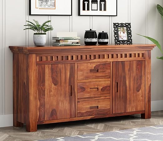 Image of SHIKHA WOOD CRAFT Sheesham Wood Sideboard Storage Cabinet with 3 Drawer and 2 Door Storage for Living Room Home Office Kitchen (Natural Honey Finish)