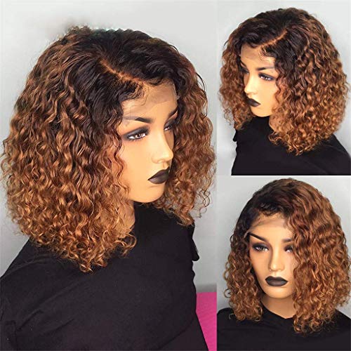 1B/27 Ombre Color Short Curly Lace Front Human Hair Wigs with Baby Hair Pre Plucked Remy Brazilian 13x4 Lace Front Wigs Bob Wigs Bleached Knots by Brennas Hair 150% Density 8 Inch