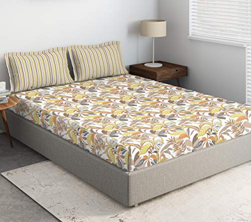 Image of DDECOR - Caledine 100% Cotton Fitted Bedsheet with 2 Pillow Covers, King Size, Yellow