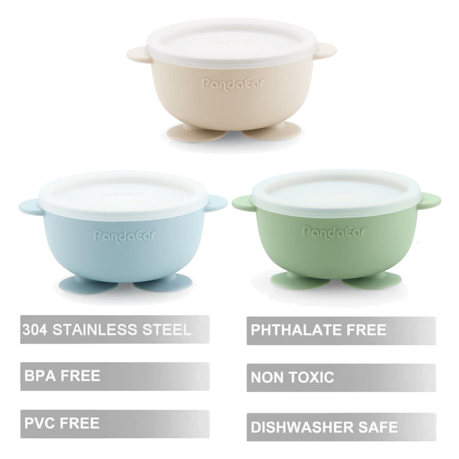 PandaEar 3er Edelstahl Baby Schüsseln mit Saugnapf und Deckel– Breischale für Babybrei & Porridge, Rutschfeste Babyschüsseln mit Silikonhülle, Unzerbrechlich BPA-frei, Kinderschüssel ab 6 Monaten