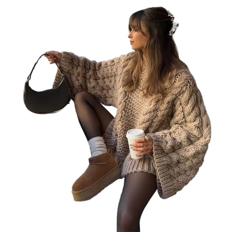 Womens Oversized Cable Knit Crewneck Sweaters Oversized Knitted Pullover Tops Trendy Clothes Camel Medium