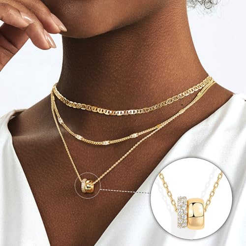 OGD Layered CZ Rondelle Pendant Necklaces for Women, 14K Gold Plated Trendy Mariner Chain Dainty Circle Rondelle Pendant Choker Necklace for Women Two-Toned Cubic Zirconia Gold Necklace2