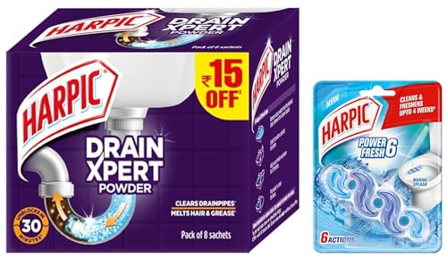 Image of Harpic Drain Xpert Drain Cleaner Powder (50g x 8) | Effective Sink Cleaner, Drain Blockage Remover, Drain Pipe Cleaner & Harpic Power Fresh 6 Toilet Cleaner Rim Block, Marine Splash - 35 g