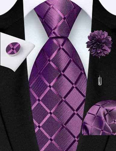 Image of GUSLESON 3.15 inch（8cm） Mens Tie and Lapel Pin Plaid Checkered Necktie Hankerchief Cufflinks Set for Men