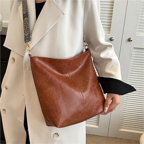 Leather Vintage Solid Color Women Fashion Shoulder Sling Bag High-Capacity Simple Adjustable Wide Strap Bucket Crossbody Bags4