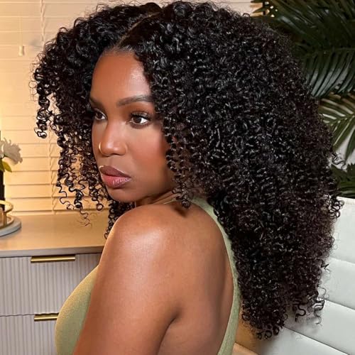 V SHOW Curly V Part Wig Human Hair Upgrade U Part Wig Human Hair Wigs for Women Glueless V Shape Wig Afro Curly Wigs No Leave Out 180% Density Natural Color 18Inch