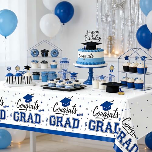 Image of Oigco 2026 Graduation Decorations, 2 Pack Blue Graduation Tablecloths Class of 2026, Congrats Grad Plastic Rectangle Table Cloths for Graduation Party Decorations, 54 x 108 Inch