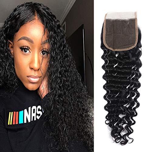 Deep Wave Lace Closure 4x4 Free Part 100% Unprocessed Virgin Brazilian Deep Curly Human Hair Lace Closure Natural Black by Msjoli (18 Inch Free Part)