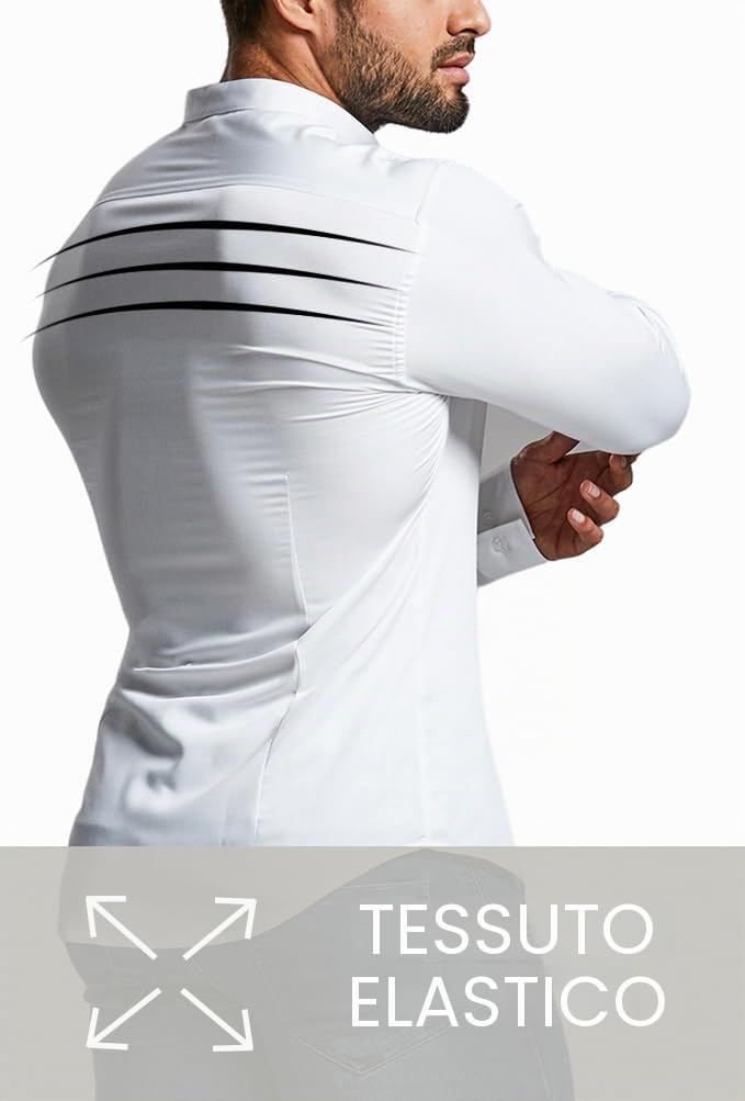 camicia da uomo, aderente, maniche lunghe, elasticizzata, casual, con bottoni