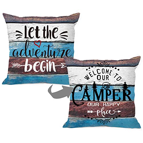 MIXDING Federa per cuscino rustica con scritta "Welcome to our Camper Let The Adventure Begin", 45,7 x 45,7 cm (reversibile), decorazione per campeggio, camper, casa, divano, letto, camera da letto