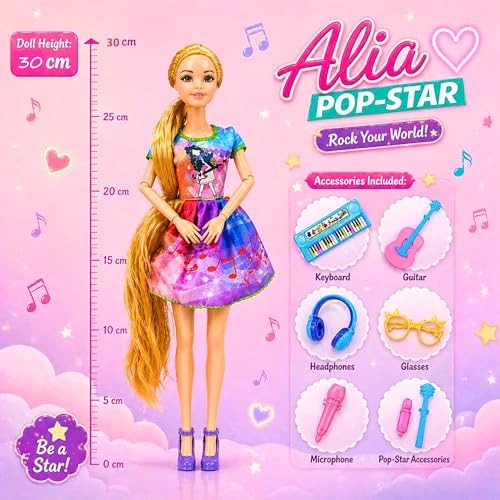 Image of Tickles Movable Pop Star Fashion Doll with Guitar, Microphone & Accessories | Music Superstar Role Play Toy Birthday Gift for Kids Girls (Ages: 3+ Years, Size: 30 cm)