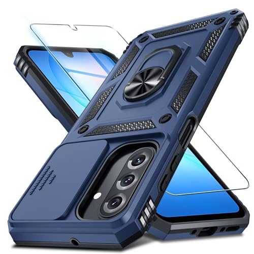 Janmitta Compatible with Samsung Galaxy A17 5G Case Built in Slide Camera Lens Cover+Screen Protector+Finger Ring Holder Kickstand,Heavy Duty Shockproof Full Body Phone Cover,Blue