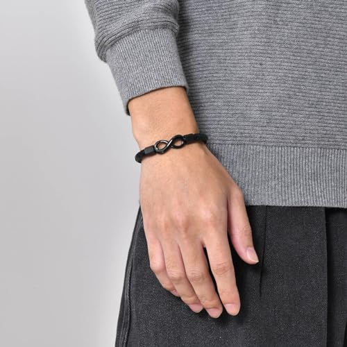 Personalized Leather Bracelet for Men - Custom Name Infinity Bracelets,Hypoallergenic Stainless Steel Braided Engraved ID Wristband,Trendy Black Jewelry to My Man Gifts for Birthday Anniversary3