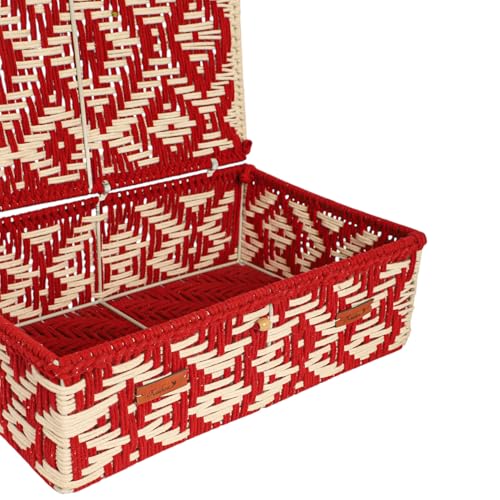 Image of Kaahira Handmade Decorative Storage Box and Organiser | Macrame Gift Hamper Box for Cosmetics, Toiletries & Return Gifts | Aesthetic Rope Woven Organizer (Red and White, Large - 14x10x4 inches)