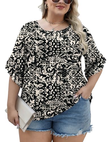 Image of Micoson Womens Plus Size Tops 3 /4 Ruffle Sleeve Crewneck Pleated Shirts
