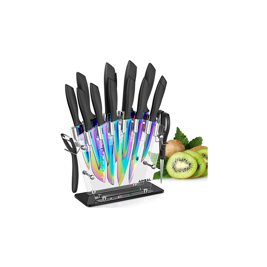 Knife-Set-16-Pieces-High-Carbon-Stainless-Steel-Rainbow-Color-Kitchen-Knife-Set-Titanium-Coating-Blade-No-Rust-and-Super-Sharp-Cutlery-Knife-Set-with-Acrylic-Stand-and-Kitchen-Scissors-Gift 16 Pieces High Carbon Stainless Steel Rainbow Color Kitchen Knife Set
