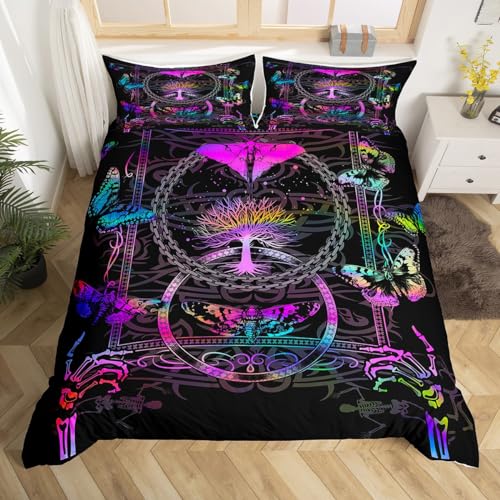 Boho Moth Bedding Set King Size,Skeleton Skull Gothic Duvet Cover Set for Kid Teen Boys Girls,Butterflies Trees Comforter Cover Decorative Room,Mysterious Neon Gradient Quilt Cover with 2 Pillowcases