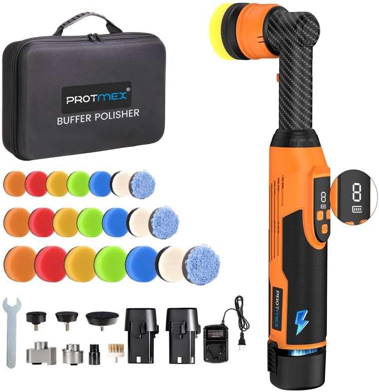 Protmex Mini pulidora inalámbrica Pulidora de coche de 1.21.62 pulgadas con 8 velocidades variables 2500-6000 RPM RODA máquina pulidora de coche