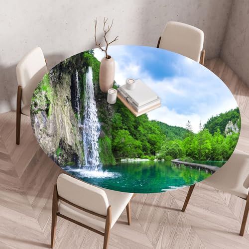 Hixingo Mantel Redondo Impresión de Paisaje Mantel con Elástico, Mantel Impermeable Poliéster 60-140 cm Mantel Mesa para Cocina, Jardín (Lago A,70CM)