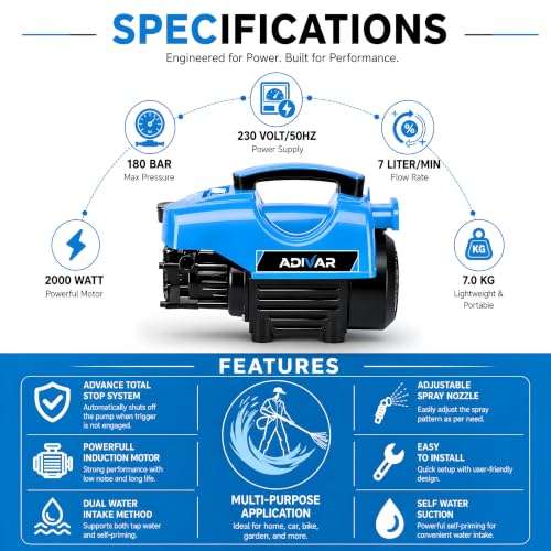 Image of AD-180 High Pressure Washer | 2000W Motor | 180 Bar Max Pressure | 7 L /Min Flow Rate | Portable Electric Washer for Car, Bike, Solar Panal, Walkways & Home Cleaning