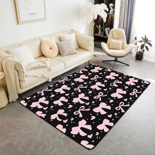Homewish Alfombra de 150 x 200 cm, diseño de lazo rosa y negro, diseño de princesa de ensueño, color rosa claro, para interiores, color rojo, con lazo y lazo, lavable