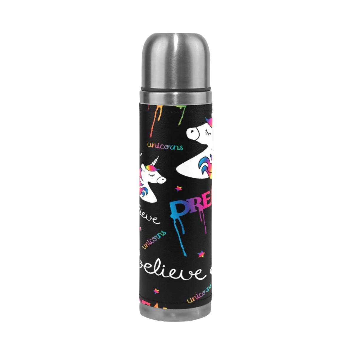 Taza de viaje aislada al vacío de acero inoxidable con doble pared a prueba de fugas, botella de taza mágica con diseño de unicornio personalizado impreso en piel auténtica, termo de 500 ml