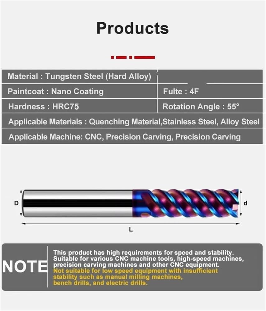 1pc Carburo di acciaio al tungsteno Rivestimento nano blu HRC75 – Fresa piatta a 4 taglienti for macchine CNC, fresa in acciaio inossidabile, 8.0x30Cx8Dx75L(16x65Cx16Dx150L)