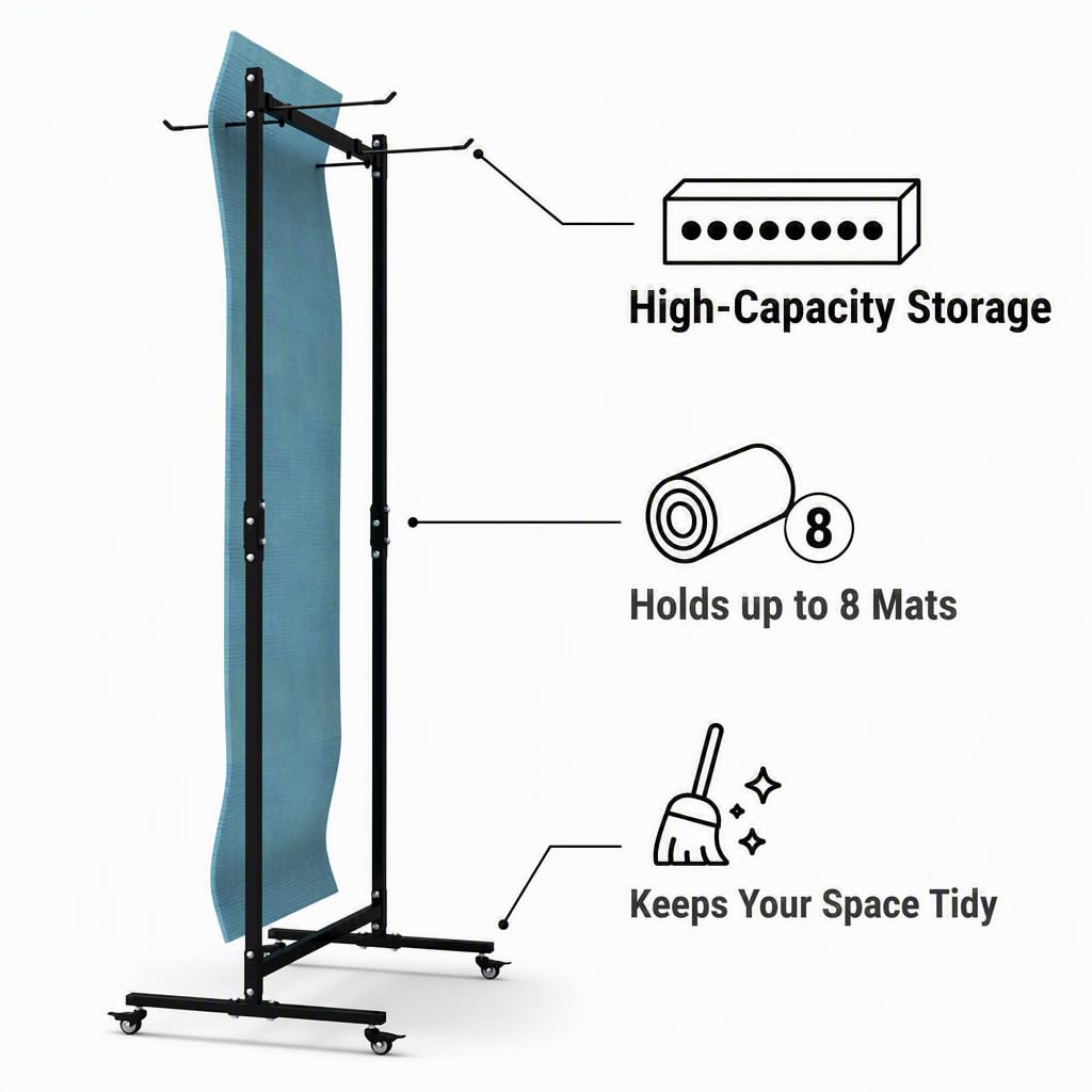 Carrito Independiente de Metal Negro para Guardar esterillas de Yoga, con Ruedas con Bloqueo y Gancho, Capacidad para 40 esterillas, Ideal para el hogar y el Gimnasio.