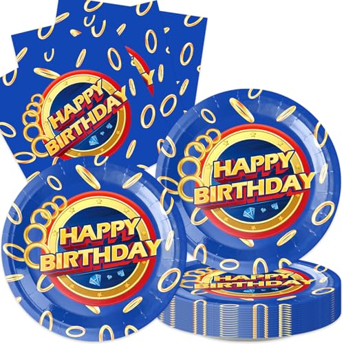 ldcx 40Pcs Blue with Gold Ring Party Decoration for 20 Guests Tableware Hedgehog Supplies Include Plates and Napkins for Game Kids Boys Baby Shower Birthday Party Decorations