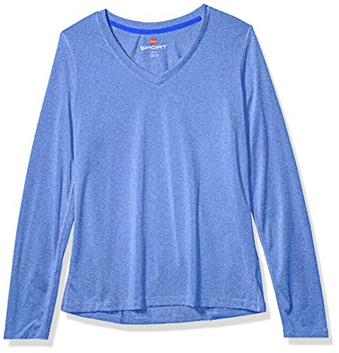 Hanes Women's Sport Cool Dri Performance Long Sleeve V-Neck Tee, Awesome Blue Heather, Large