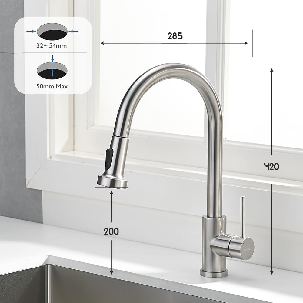 Diagram showing faucet dimensions and compatible sink hole sizes