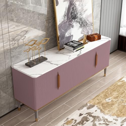 Image of Sonic Console Table, White Marble Top, Charcoal Louvers, Gold Accents, 66 x 15 x 22 Inch, Modern Entryway Storage Cabinet, Waterproof Plywood, PVD-Coated Legs, Elegant TV Unit (Pink)