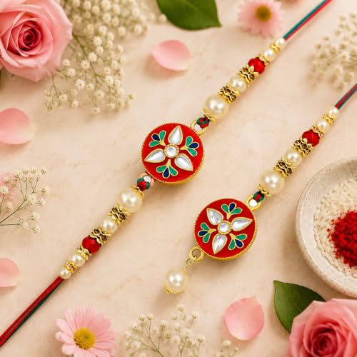 Image of Riddhika Ventures Glorious Gold Plated Religious Diamond Ring Rakhi || Traditional Rakhi Set of 2 & Festive Gift || Rakhi Gift Combo for Bhaiya Bhabhi