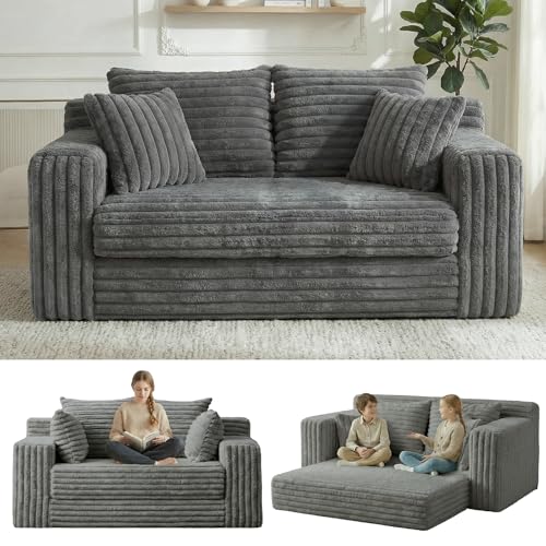 3-in-1 Convertible Sofa Bed: Boneless Loveseat Sleeper & Folding Couch Bed with 4 Pillows & Detachable Cushion, Furry Futon Couch for Bedroom, Apartment, Office and Living Room, No Assembly, Grey