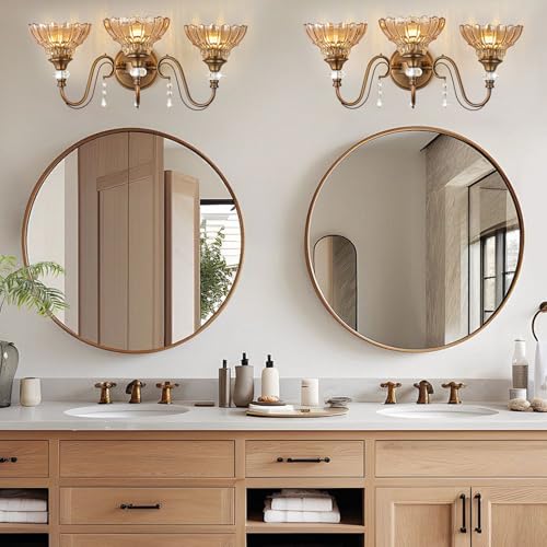 Image of Vintage Bathroom Vanity Light, 3-Light Matte Antique Brass Finish Wall Sconce with Hanging Crystal Accents and Flower-Shaped Amber Glass Shades, Retro Wall Mount Vanity Light Over Mirror for Bathroom