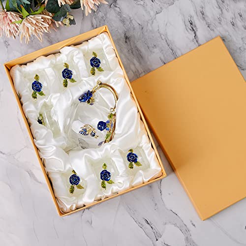 Glass Tea Set, Small Glass Tea Pot(11 Oz) And 6 Fancy Small Glass Tea Cups Set, Butterfly Rose Teapot Set With Teacups For Adults/Child's Tea Party/Afternoon Tea Party/Mother's Day/Holiday Gift #TOP6