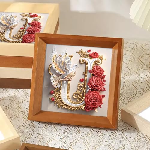 Image of AiYuanzsh 5D Diamond Art Kits for Adults Letter U, Unique Red Rose & Dove Alphabet Diamond Painting Kit, Luxury Special Shape Diamond Art for Adults DIY Crystal Rhinestones Craft Wall Decor 17x17cm