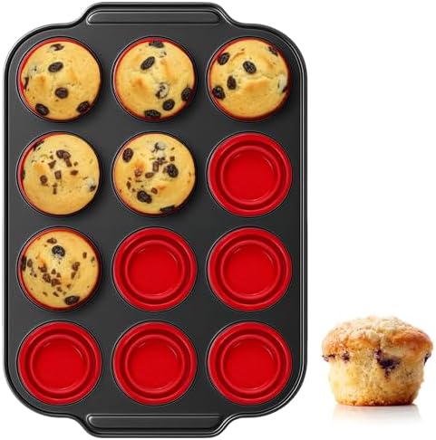 Silicone Muffin Pan with Metal Frame Nonstick 12 Cup Regular Size Cupcake Tin Bakeware Easy to Pop Egg Bite Molds Oven and Dishwasher Safe Pan Maker Tins Red Cups Non Toxic Baking Cup - Thumbnail 3