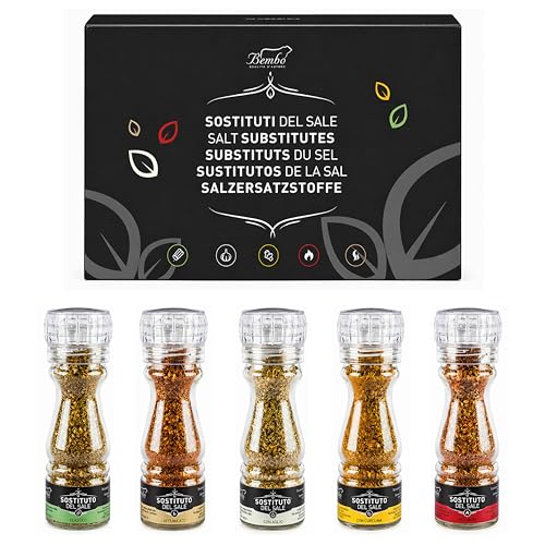 Sostituti del Sale Bembo – Mix di Spezie Senza Sale – 5 Gusti per Pasta, Riso, Pesce, Insalate, Carne, Sughi e Salse – Con Macina Integrata