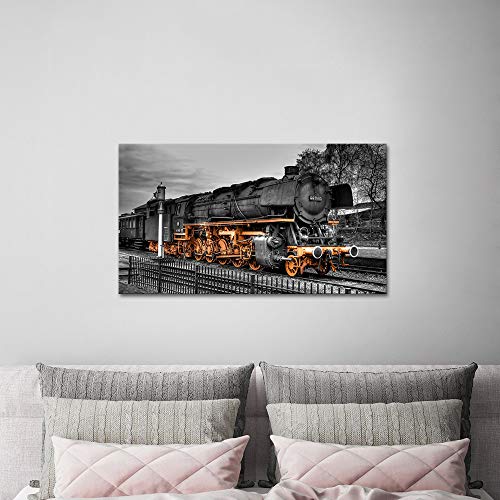 Derkymo Vintage Black And Orange Steam Train Locomotive Canvas Wall Art Train Wall Decor Car Pictures For Home Decoration Gift Stretched And Framed Ready To Hang 20"X36" #TOP1