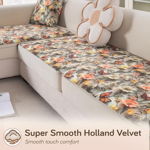 Image of HOKIPO 'Nature Muse' Premium HD Printed Holland Velvet L Shape (3+3 Seater) Sofa Cover Seat Mat, Butterfly Orchard (IN-918-D3*2)