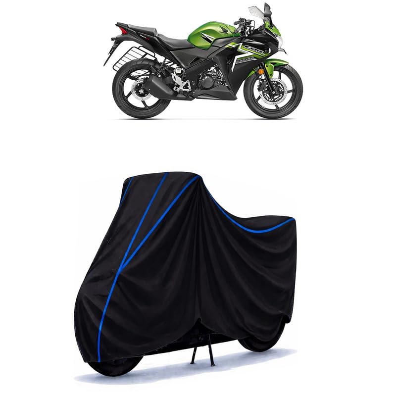 Image of CBR 150 Bike Cover Water Resistant Universal Motorcycle Rain | Heavy Duty UV Protection, Dust, Scratch Indoor Outdoor All Weather with Black Blue Piping Elastic