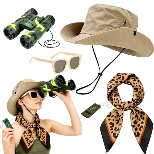 Xerteam Safari Kostüm Damen mit Safarihut Leoparden-Schal Pfeife Fernglas und Sonnenbrille Safari Kleidung Zubehör für Dschungel Kostüm Cosplay Halloween Carnival