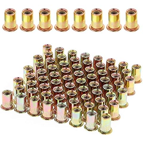 Gueenky 100PCS M6 Rivet Nuts, M6 Nutsert Zinc Plated Carbon Steel Flat Head M6 Threaded Rivets Nutsert for Wood Furniture (12mm x 15mm) Cover