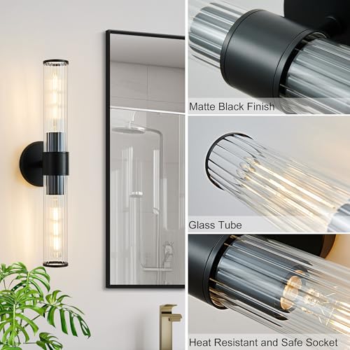 Image of Bathroom Vanity Light Fixtures, Black Wall Sconces in Threaded Glass, Modern Wall Light for Bathroom Living Room Bedroom, Hallway - Bulb Not Included
